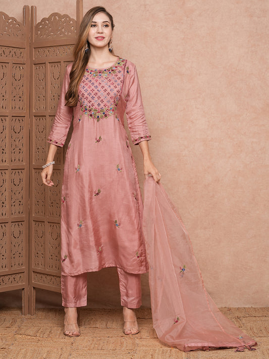 Solid Floral Hand Embroidered Straight Kurta with Pant & Dupatta - Pink