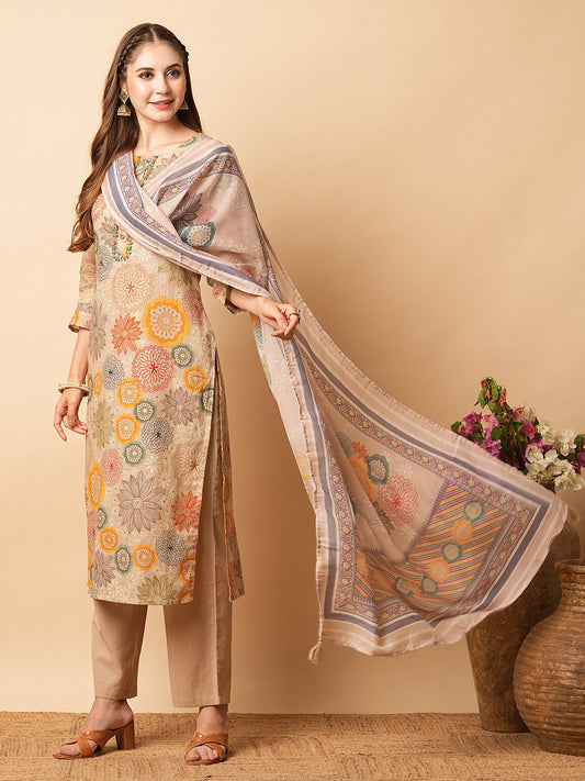 Floral Printed Mirror & Sequins Embroidered Kurta with Pants & Dupatta - Beige