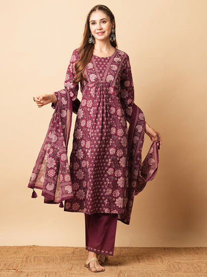 Floral Printed Mirror & Zari Embroidered Pleated Kurta with Pants & Dupatta - Burgundy