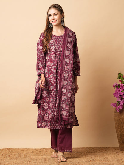 Floral Printed Mirror & Zari Embroidered Pleated Kurta with Pants & Dupatta - Burgundy