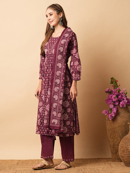 Floral Printed Mirror & Zari Embroidered Pleated Kurta with Pants & Dupatta - Burgundy