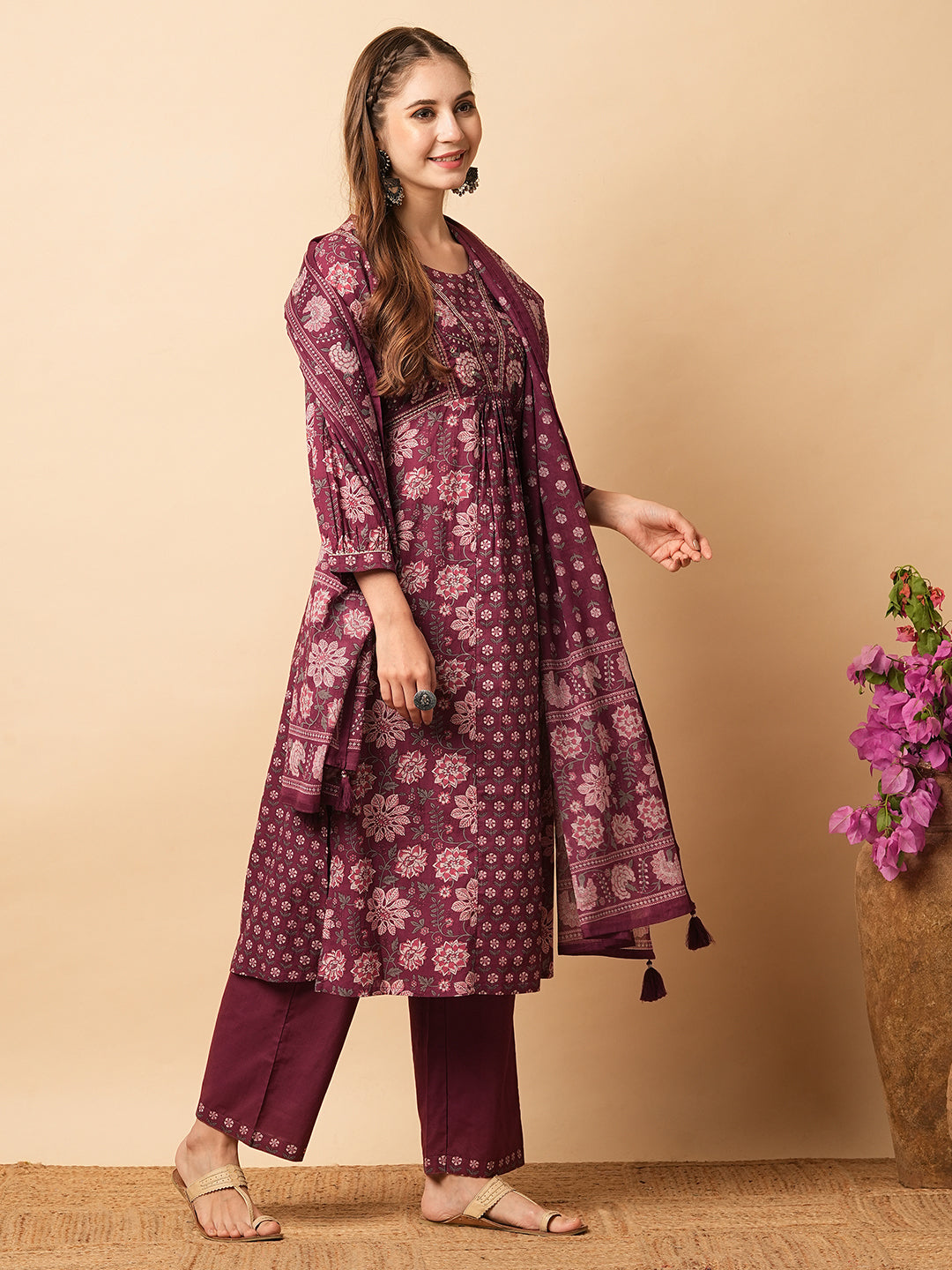 Floral Printed Mirror & Zari Embroidered Pleated Kurta with Pants & Dupatta - Burgundy