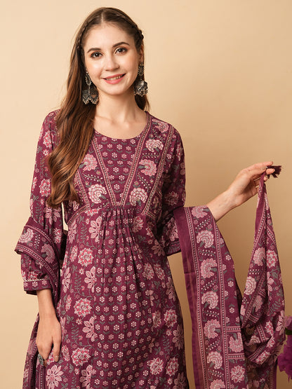 Floral Printed Mirror & Zari Embroidered Pleated Kurta with Pants & Dupatta - Burgundy