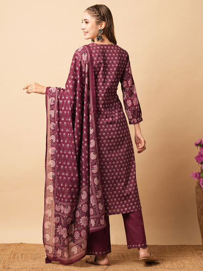 Floral Printed Mirror & Zari Embroidered Pleated Kurta with Pants & Dupatta - Burgundy