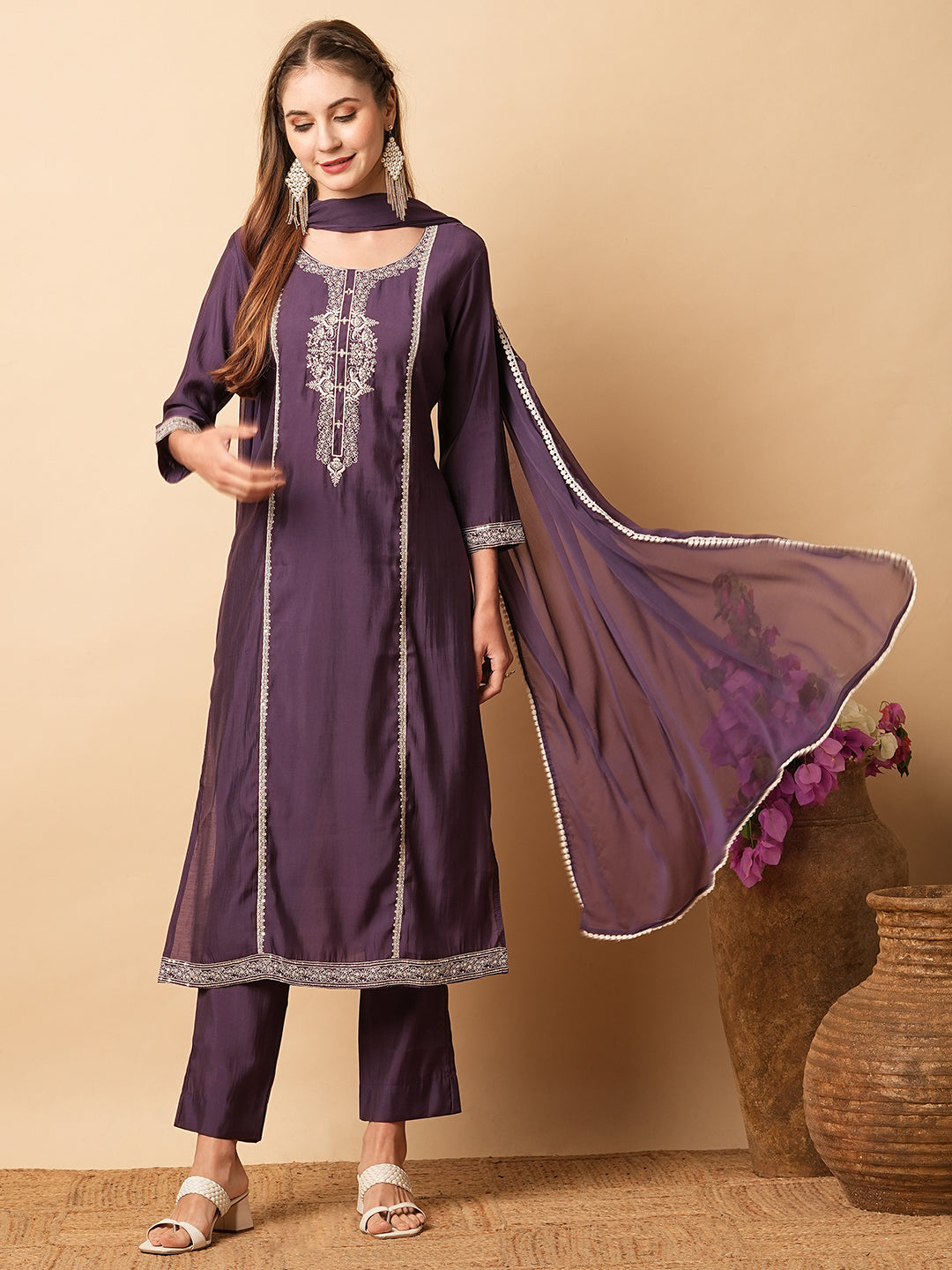 Solid Ethnic Embroidered Straight Fit Kurta with Pant & Dupatta - Purple