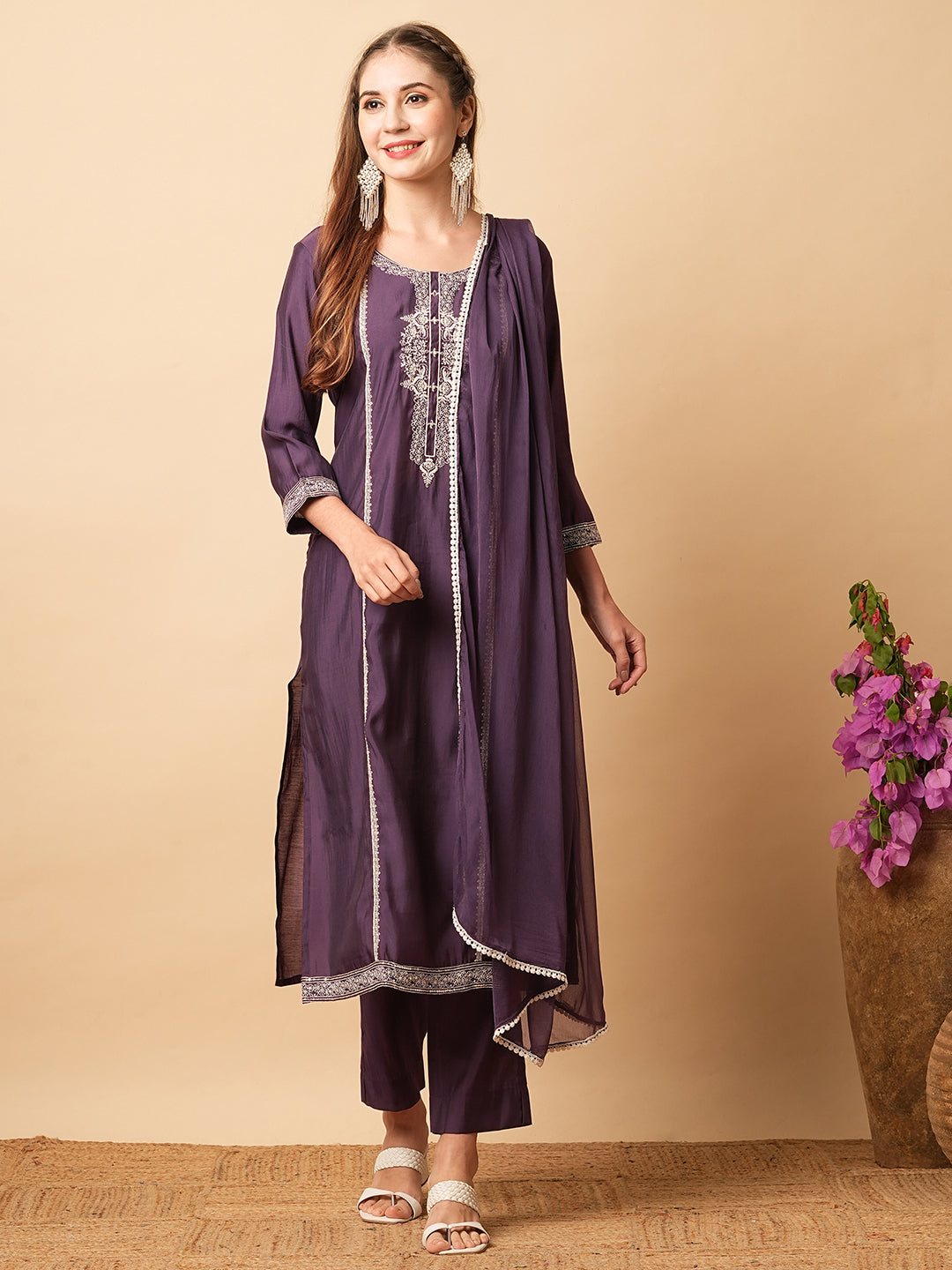 Solid Ethnic Embroidered Straight Fit Kurta with Pant & Dupatta - Purple