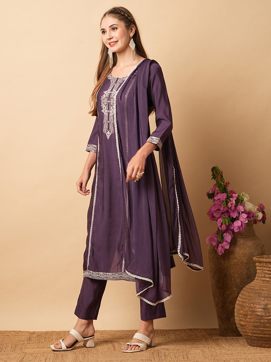 Solid Ethnic Embroidered Straight Fit Kurta with Pant & Dupatta - Purple