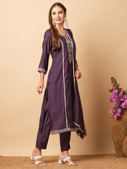 Solid Ethnic Embroidered Straight Fit Kurta with Pant & Dupatta - Purple