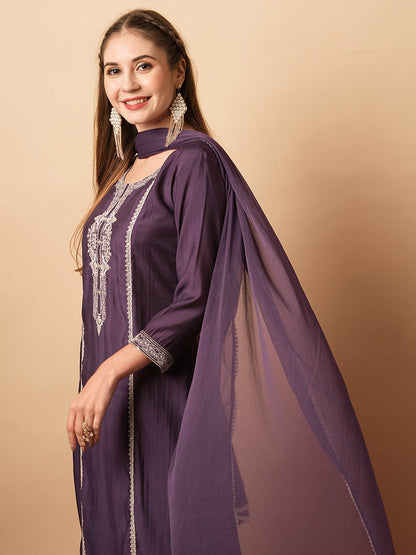 Solid Ethnic Embroidered Straight Fit Kurta with Pant & Dupatta - Purple