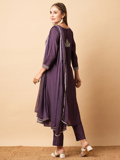 Solid Ethnic Embroidered Straight Fit Kurta with Pant & Dupatta - Purple