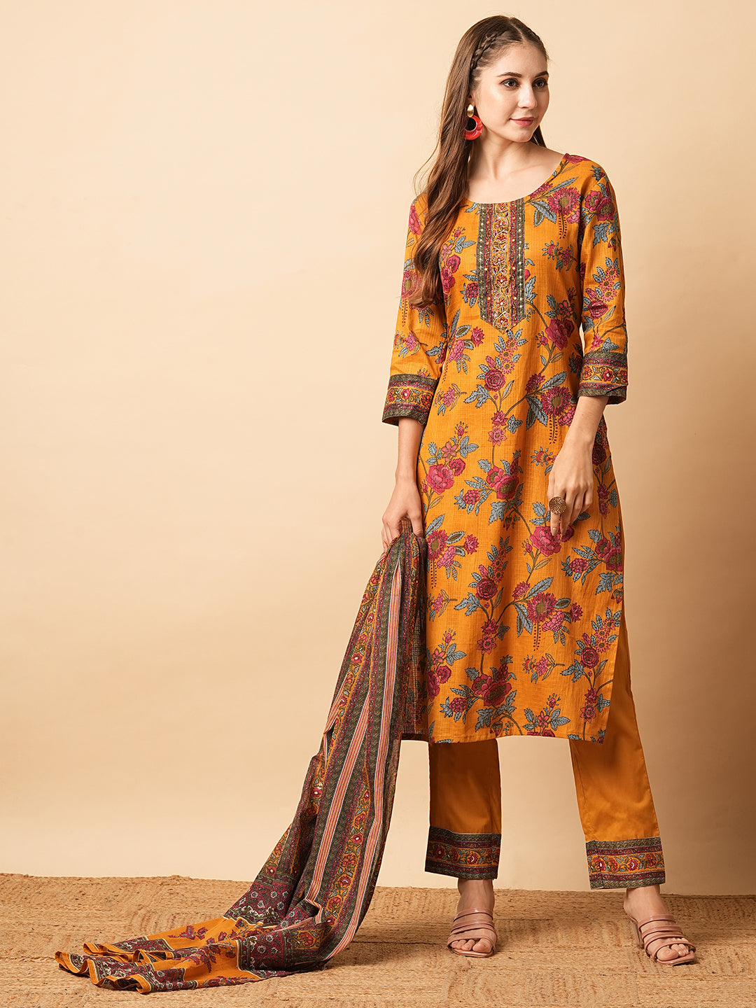 Floral Printed Mirror & Zari Embroidered Kurta with Pants & Dupatta - Mustard