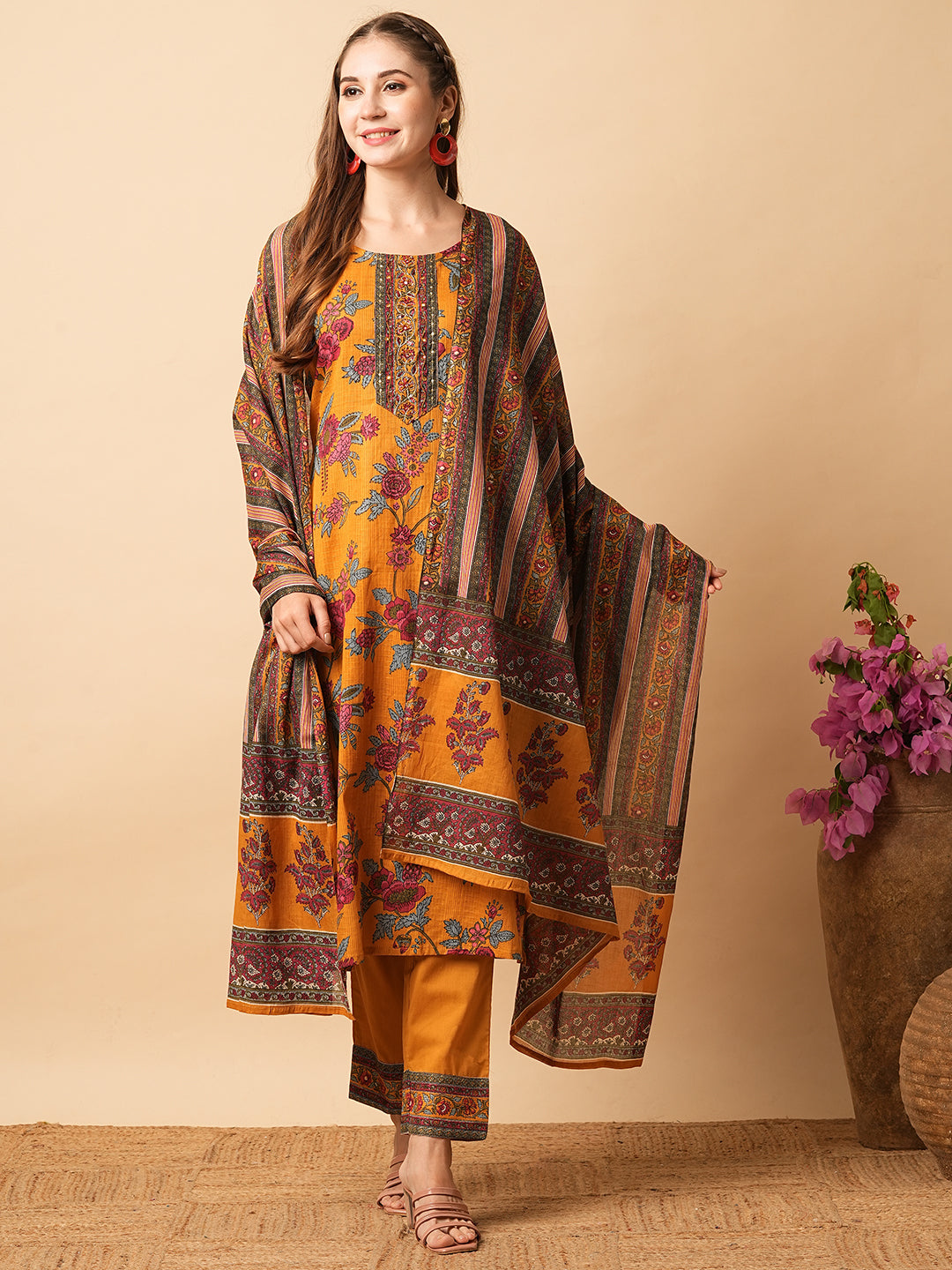 Floral Printed Mirror & Zari Embroidered Kurta with Pants & Dupatta - Mustard