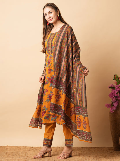 Floral Printed Mirror & Zari Embroidered Kurta with Pants & Dupatta - Mustard