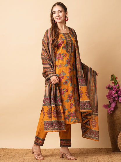 Floral Printed Mirror & Zari Embroidered Kurta with Pants & Dupatta - Mustard