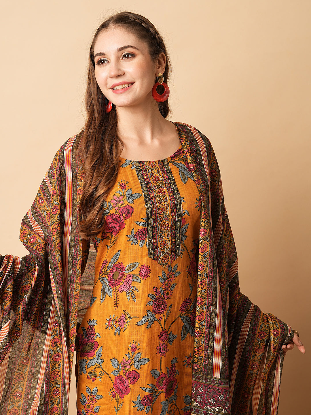 Floral Printed Mirror & Zari Embroidered Kurta with Pants & Dupatta - Mustard