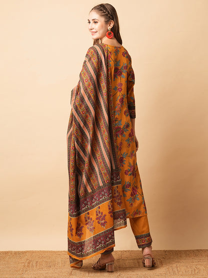 Floral Printed Mirror & Zari Embroidered Kurta with Pants & Dupatta - Mustard