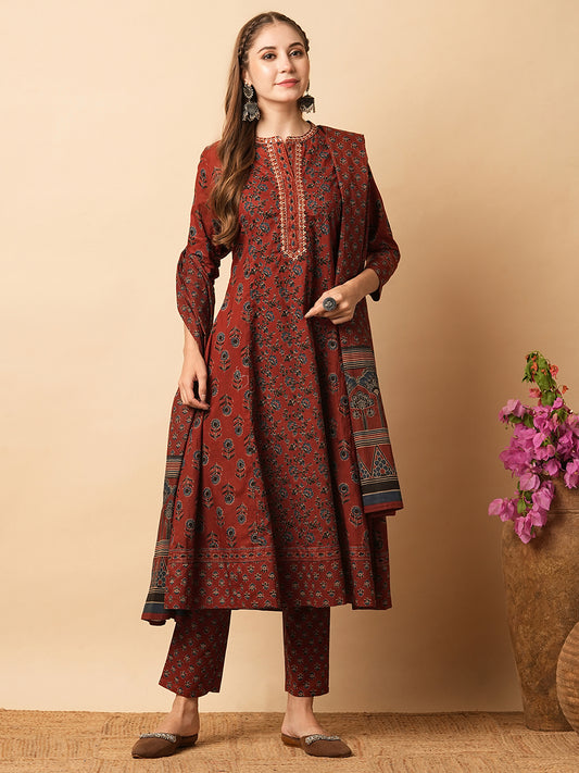 Floral Block Printed Mirror Embroidered A-line Kurta with Pants & Dupatta - Rust Red