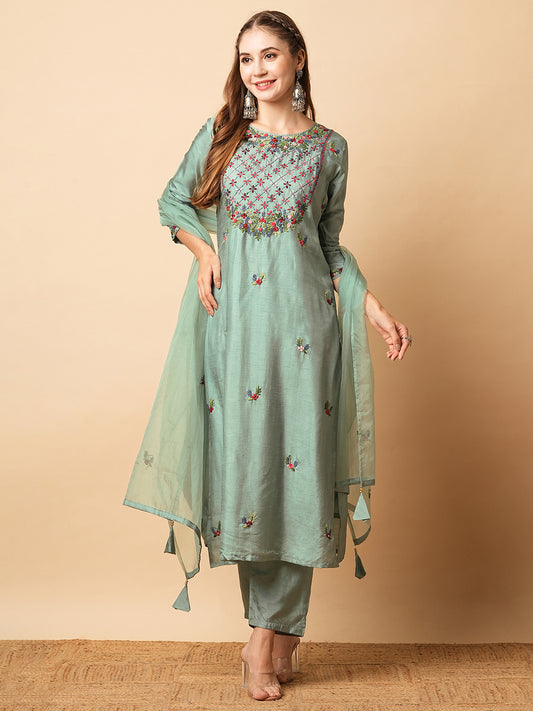 Solid Floral Hand Embroidered Straight Kurta with Pant & Dupatta - Green