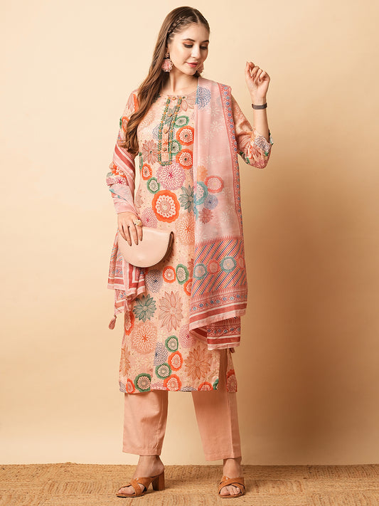 Floral Printed Mirror & Sequins Embroidered Kurta with Pants & Dupatta - Pink
