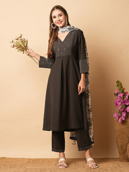 Solid Resham & Sequins Embellished Pleated A-line Kurta with Pants & Dupatta - Black