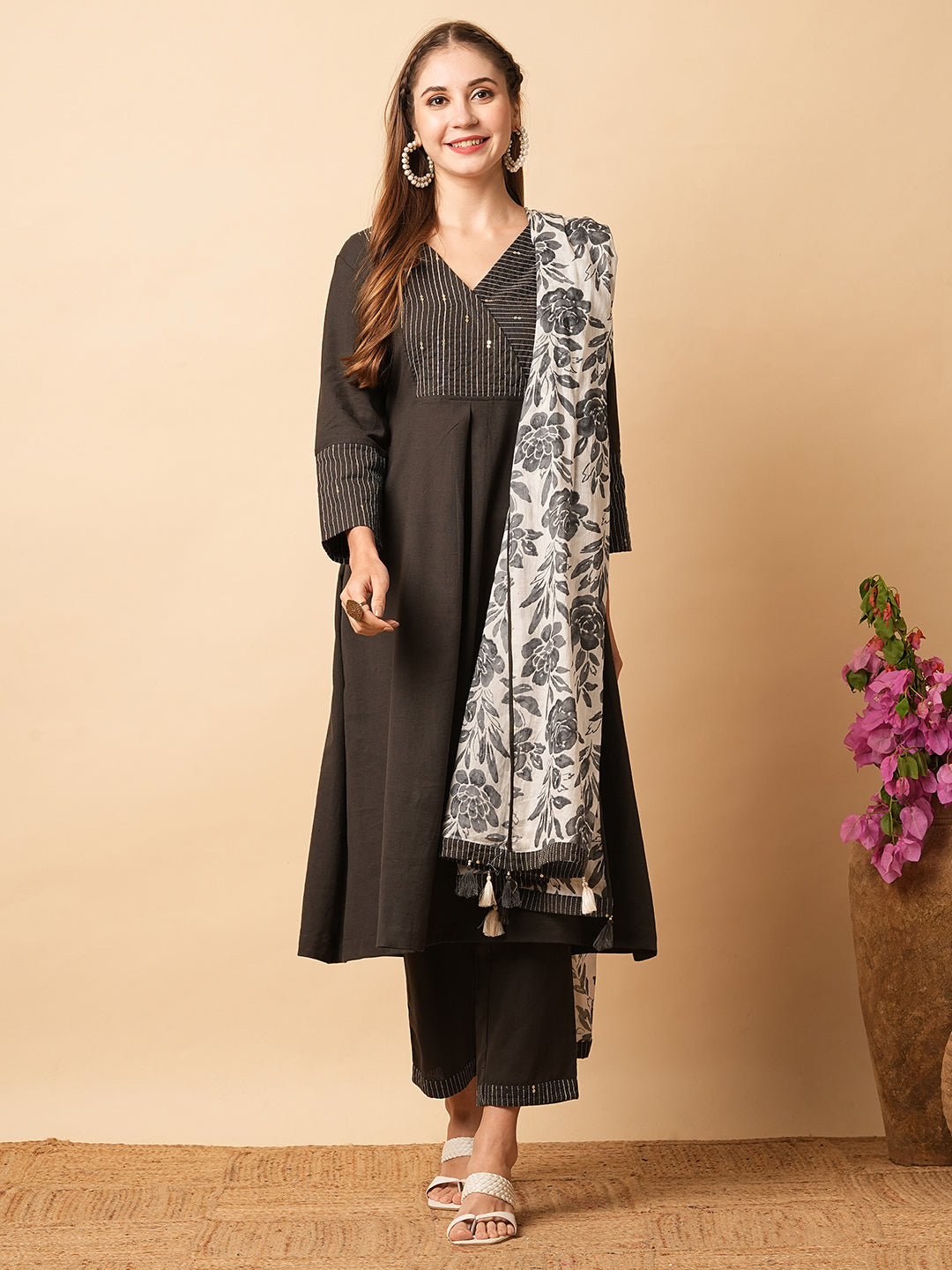 Solid Resham & Sequins Embellished Pleated A-line Kurta with Pants & Dupatta - Black