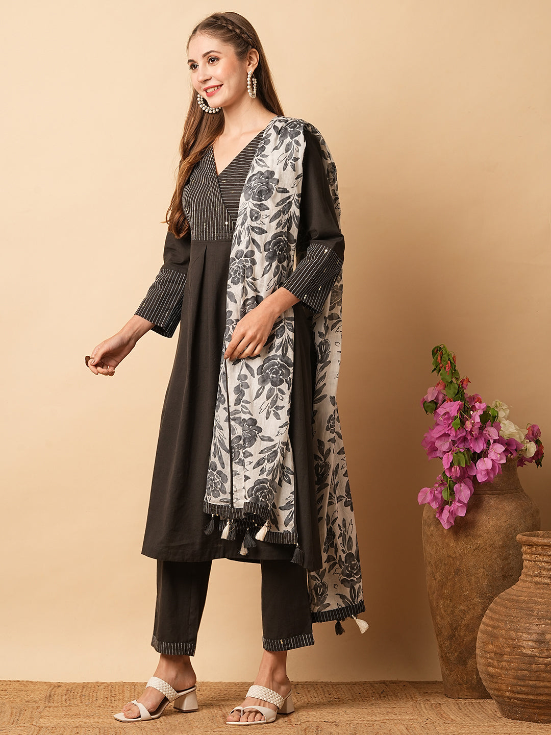 Solid Resham & Sequins Embellished Pleated A-line Kurta with Pants & Dupatta - Black