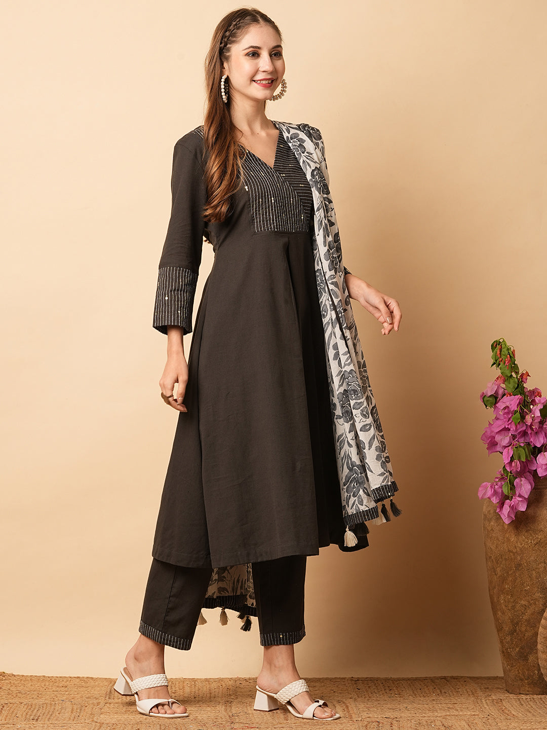 Solid Resham & Sequins Embellished Pleated A-line Kurta with Pants & Dupatta - Black