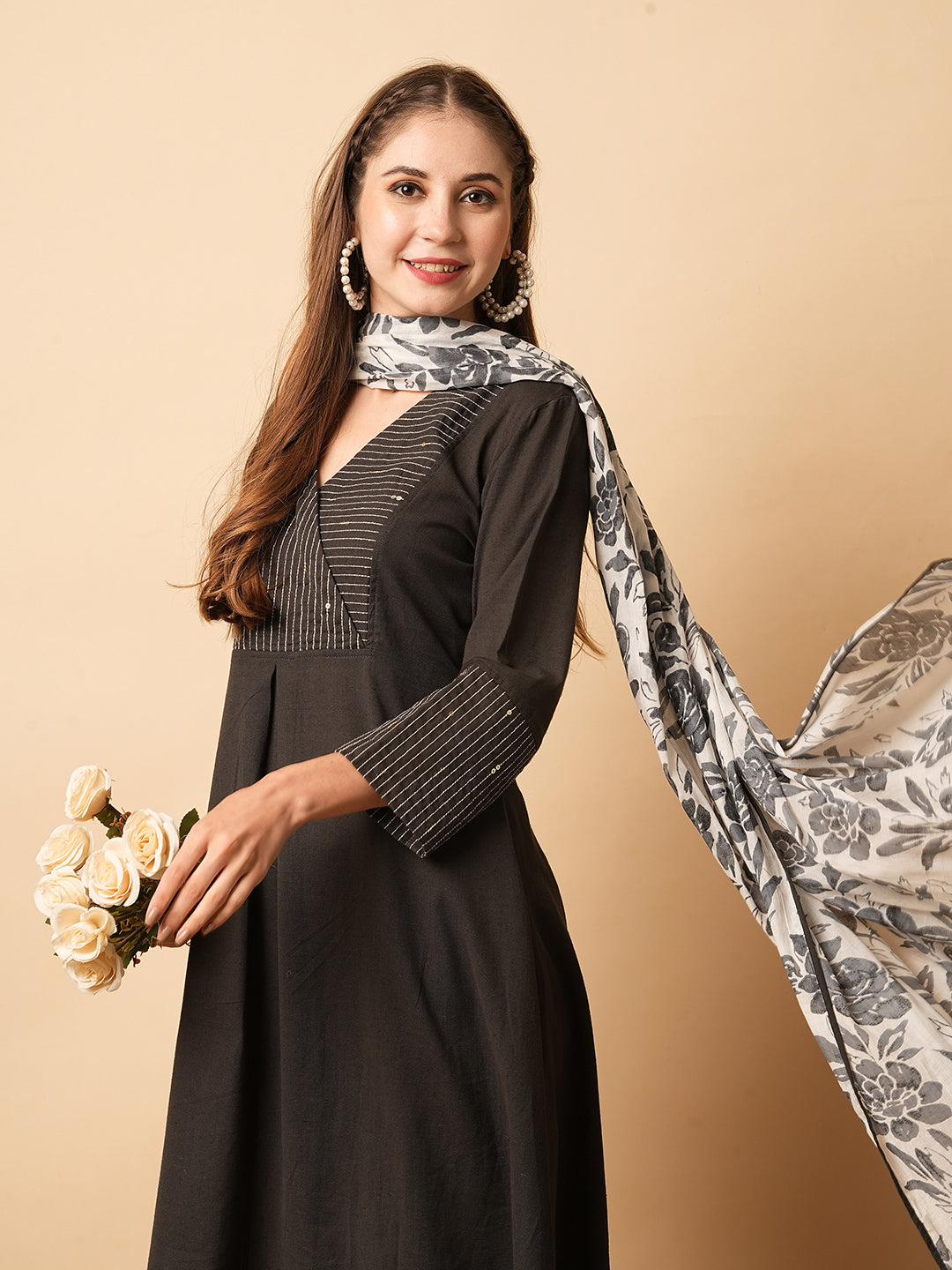 Solid Resham & Sequins Embellished Pleated A-line Kurta with Pants & Dupatta - Black