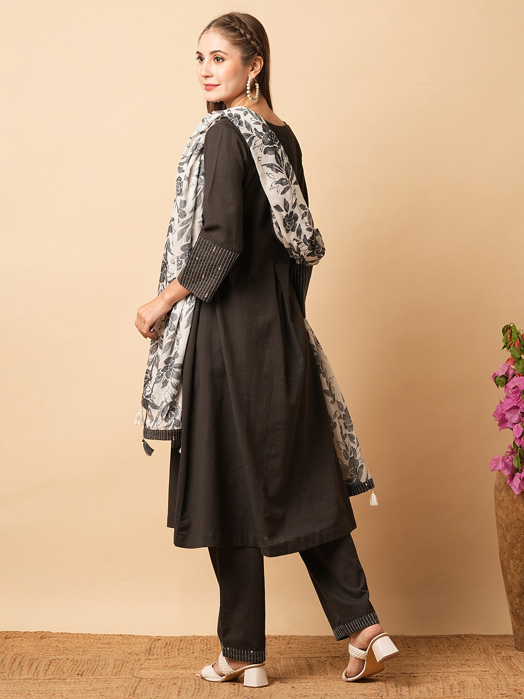 Solid Resham & Sequins Embellished Pleated A-line Kurta with Pants & Dupatta - Black