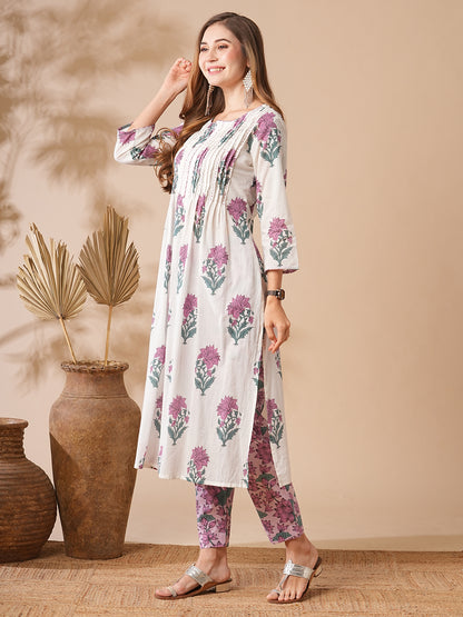 Floral Printed Sequins Embellished Pin-Tucks Kurta with Pants - White