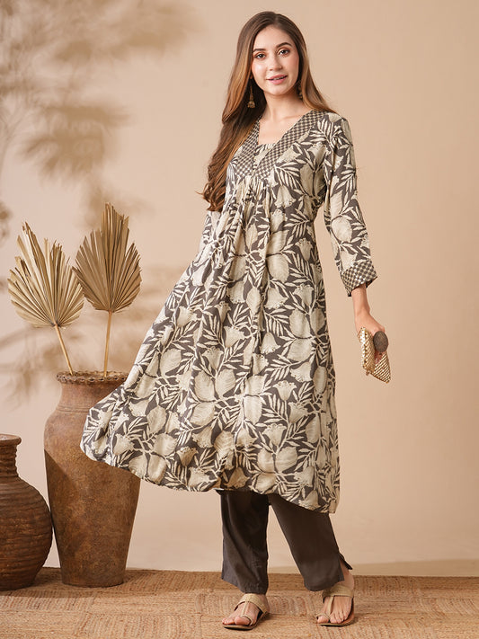 Floral Printed Sequins & resham Embroidered Pleated kurta with Pants - Brown