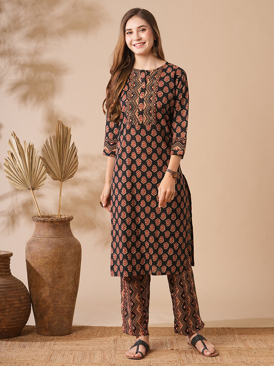 Ethnic Printed Sequins & Beads Embroidered Kurta with Pants - Black & Brown