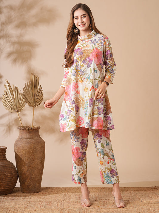 Floral Printed Lace Embellished A-line Kurti with Pants Co-ord Set - Multi