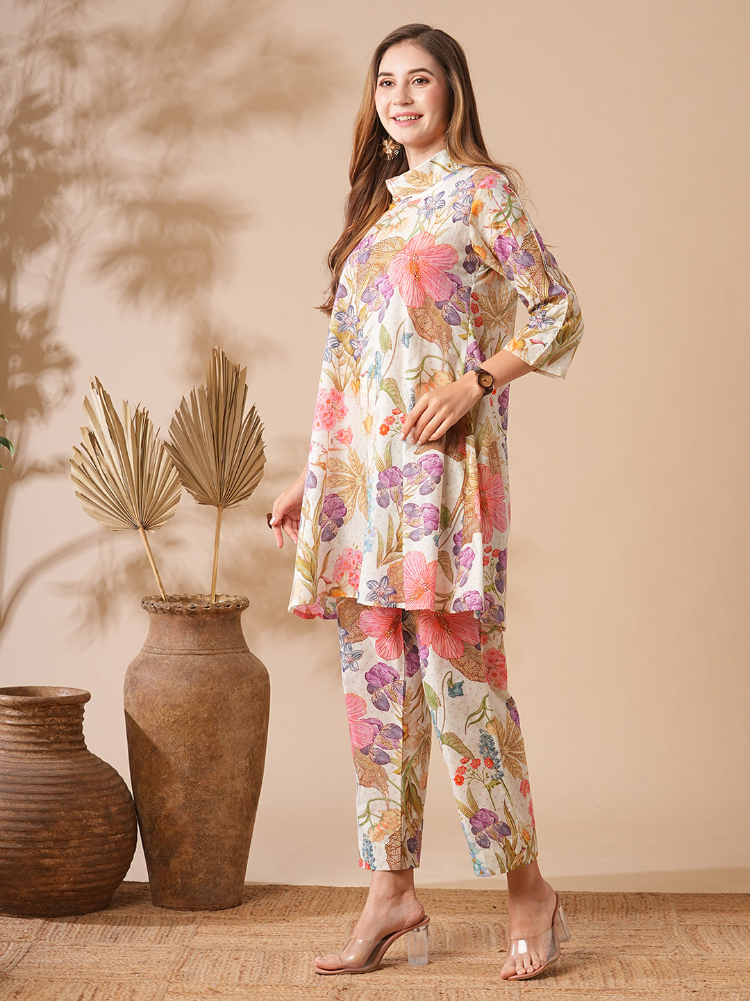 Floral Printed Lace Embellished A line Kurti with Pants Co ord Set M FASHOR