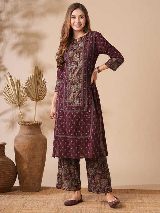 Floral Printed Mirror & zari Embroidered Kurta with Palazzo - Burgundy