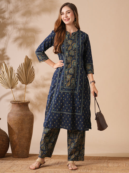 Floral Printed Mirror & zari Embroidered Kurta with Palazzo - Navy Blue