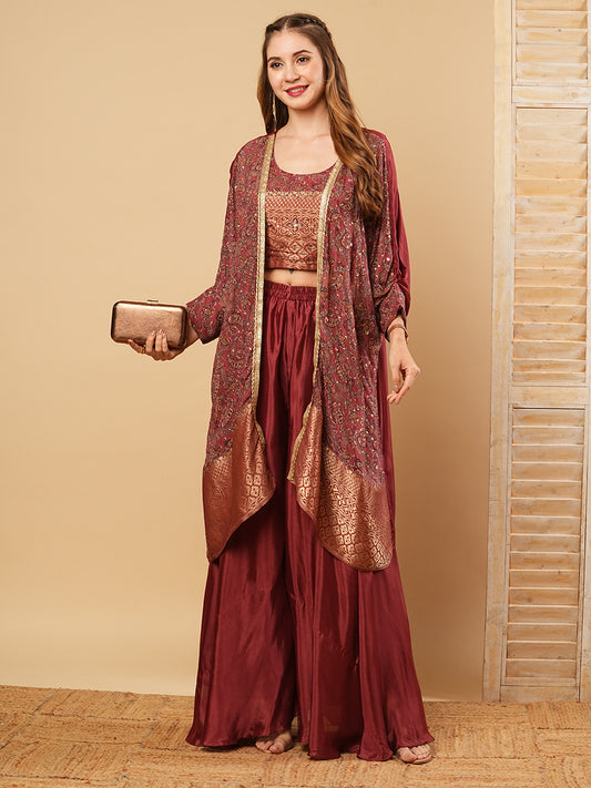 Ethnic Jacquard Crop Top with Mirror Embroidered Jacket & Palazzo - Rust Maroon