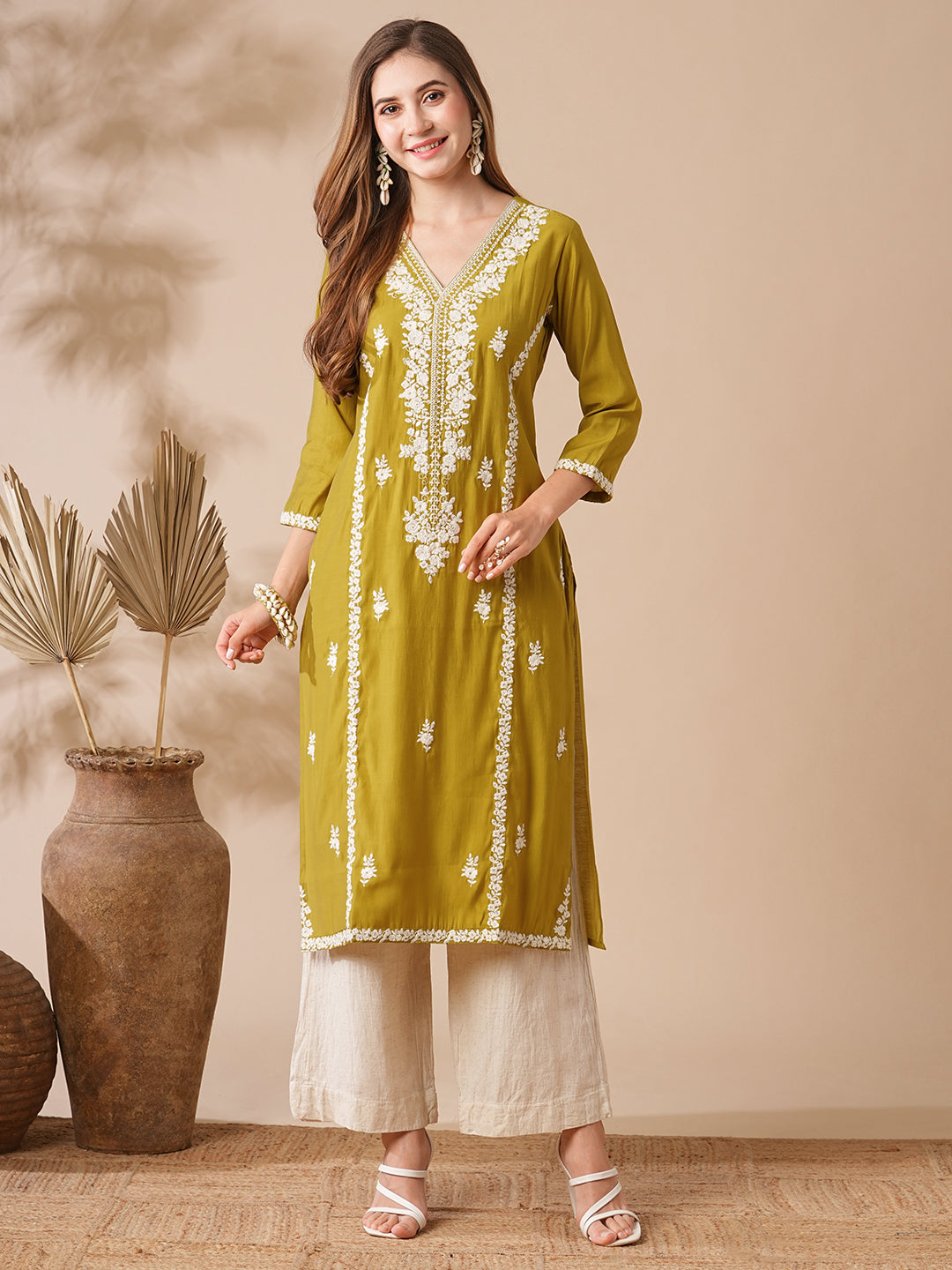 Solid Resham & Sequins Floral Embroidered Kurta - Lime Yellow