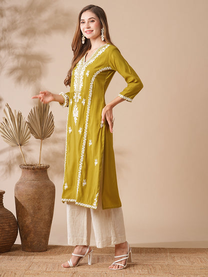 Solid Resham & Sequins Floral Embroidered Kurta - Lime Yellow