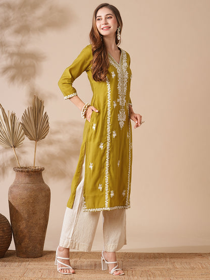 Solid Resham & Sequins Floral Embroidered Kurta - Lime Yellow