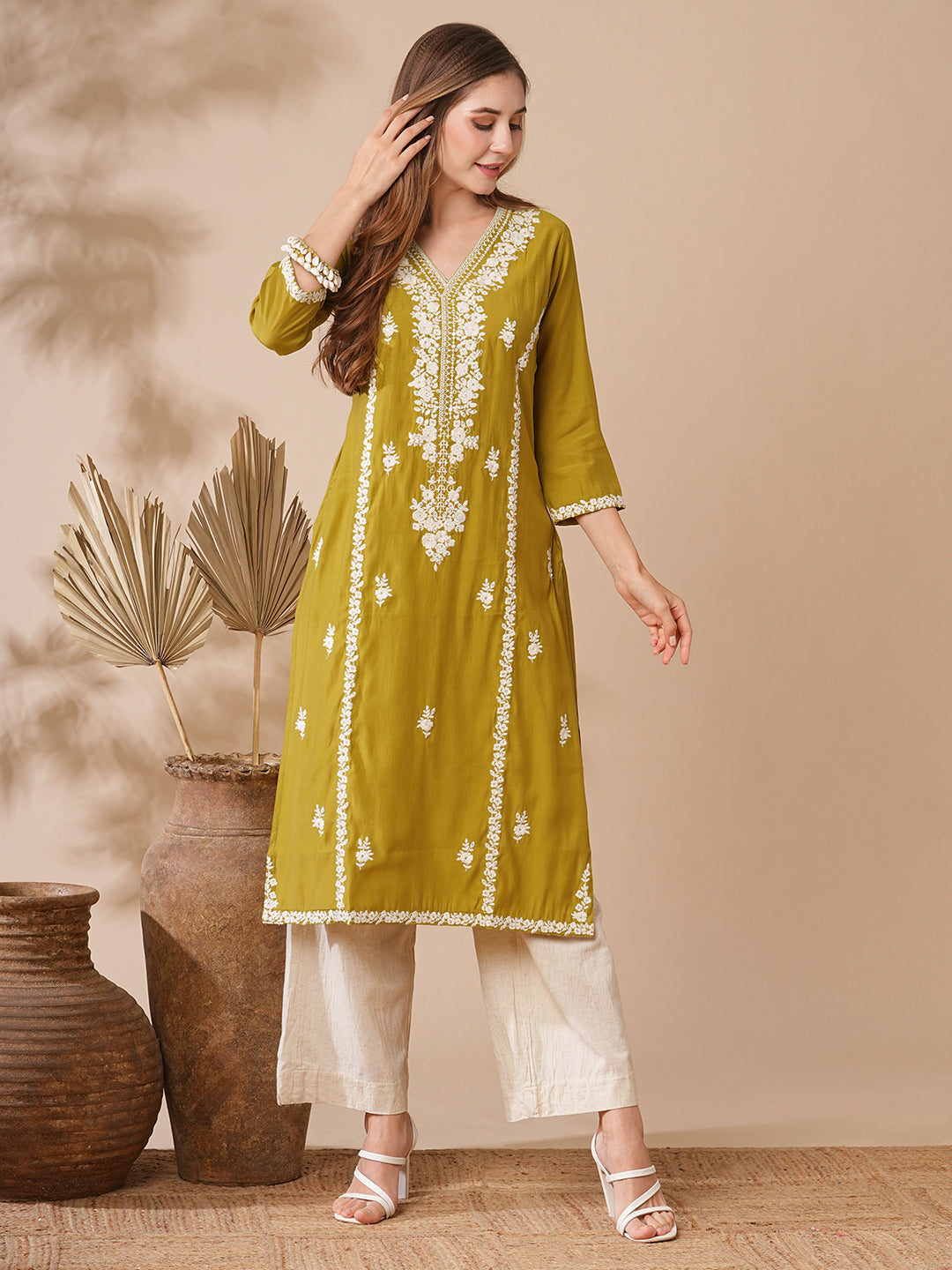 Solid Resham & Sequins Floral Embroidered Kurta - Lime Yellow