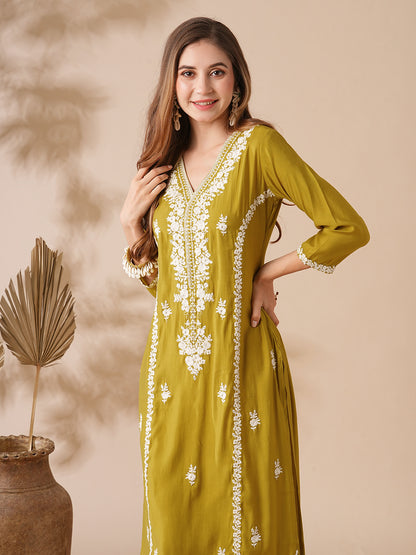 Solid Resham & Sequins Floral Embroidered Kurta - Lime Yellow