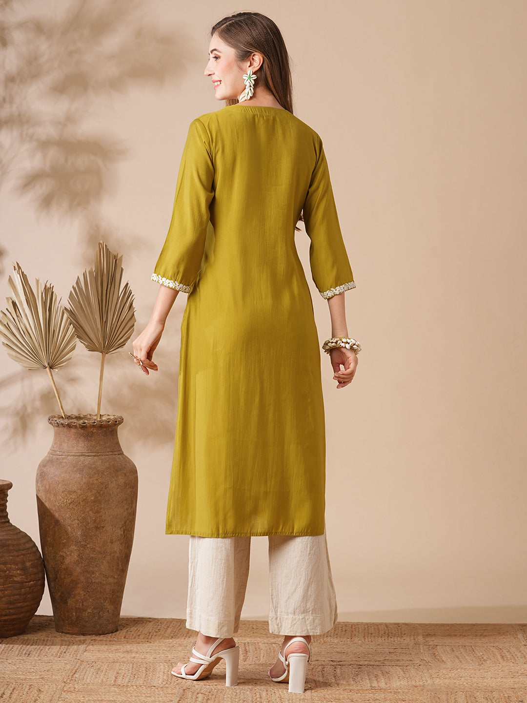 Solid Resham & Sequins Floral Embroidered Kurta - Lime Yellow