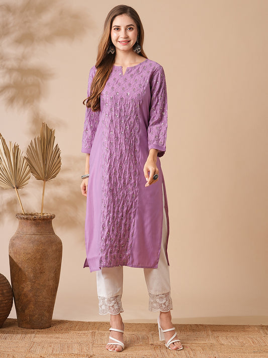 Solid Resham & Sequins Embroidered Paneled Kurta - Purple