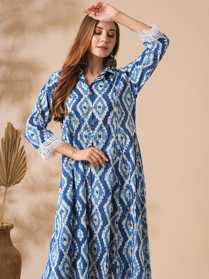 Abstract Printed Wooden Buttoned High-Low Hem Ailne Kurta with Pants - Blue