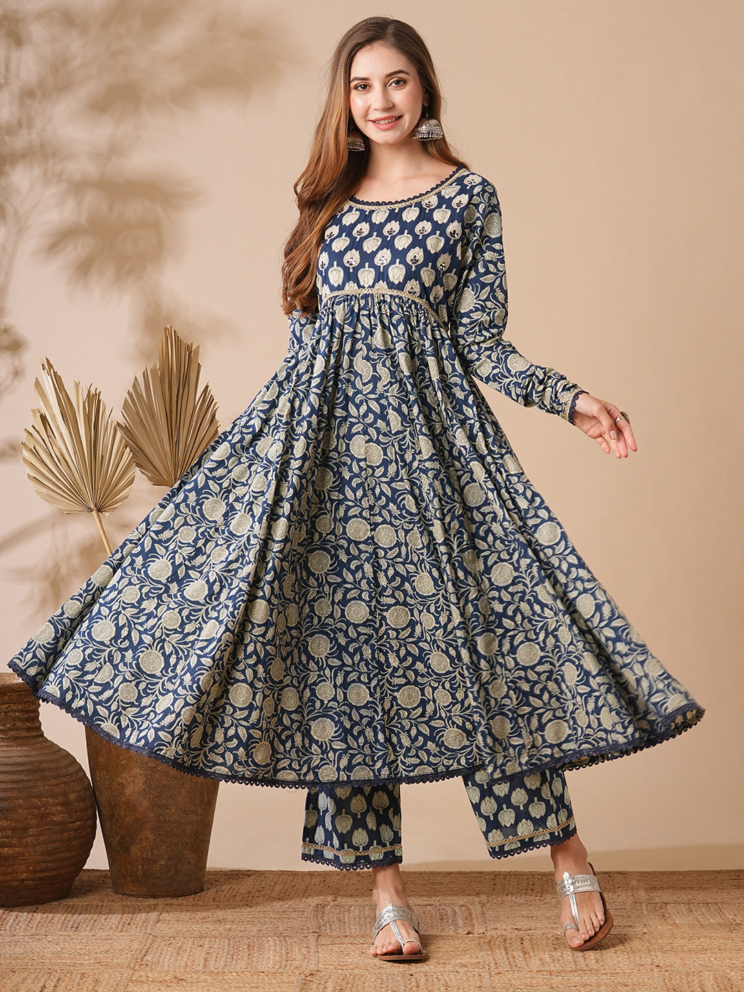 Floral Printed & Zari Embroidered Anarkali Flared Kurta with Palazzo - Blue