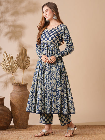 Floral Printed & Zari Embroidered Anarkali Flared Kurta with Palazzo - Blue