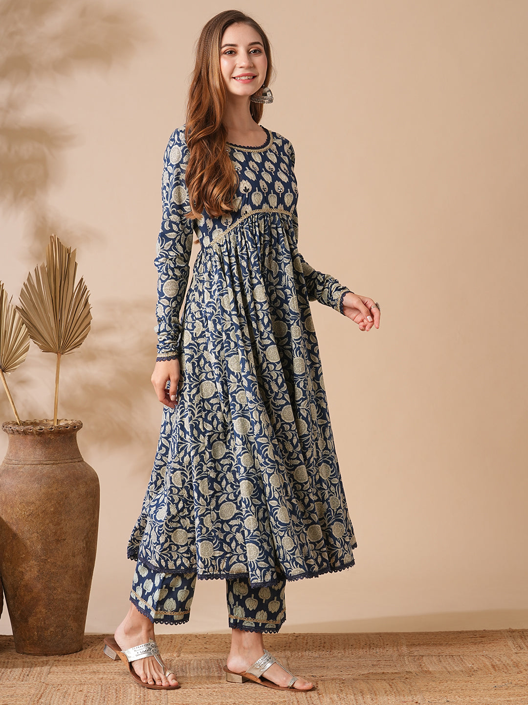 Floral Printed & Zari Embroidered Anarkali Flared Kurta with Palazzo - Blue