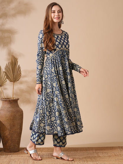 Floral Printed & Zari Embroidered Anarkali Flared Kurta with Palazzo - Blue