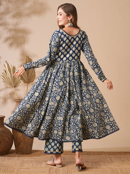 Floral Printed & Zari Embroidered Anarkali Flared Kurta with Palazzo - Blue